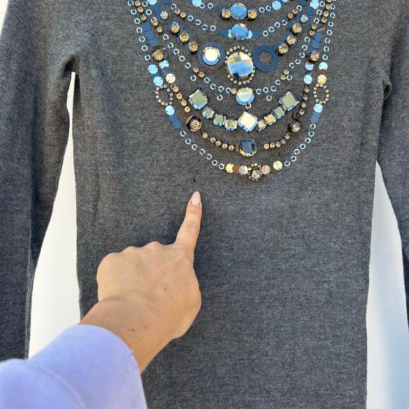 Tory Burch Cashmere Beaded Necklace Sweater Gray Grey Jewels XS Holiday Festive - Picture 9 of 9